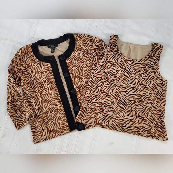 Cable & Gauge Tops - 2pcs Set 2yk Cable & Gauge Petites Silk Viscose Animal Print Cardigan & Tank Top